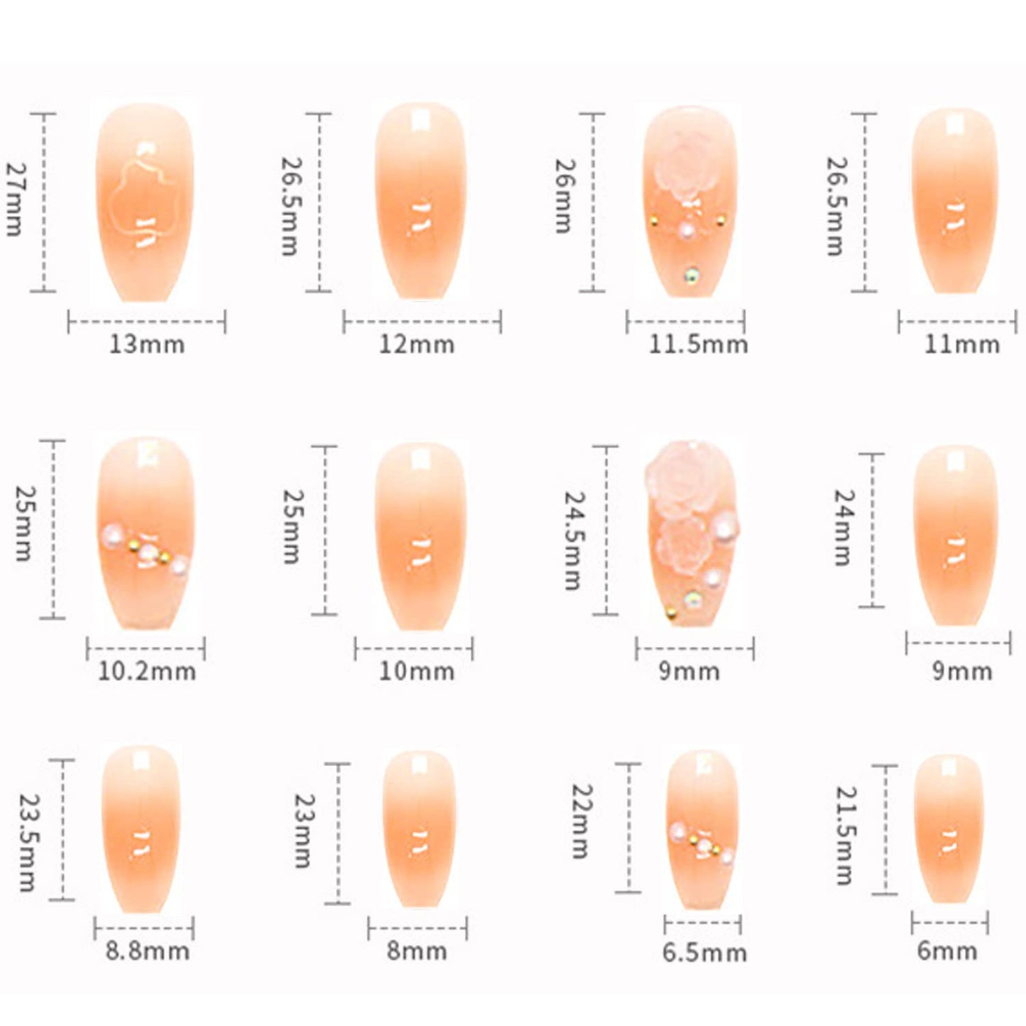 24Pcs Artificial Acrylic Fake Nails with 3D Clear Flower Designs, Press on Nails Square Medium Length, Full Cover Reusable Coffin False Nails, Women Glue on Nails Set, Stick on Nails for Nail Art