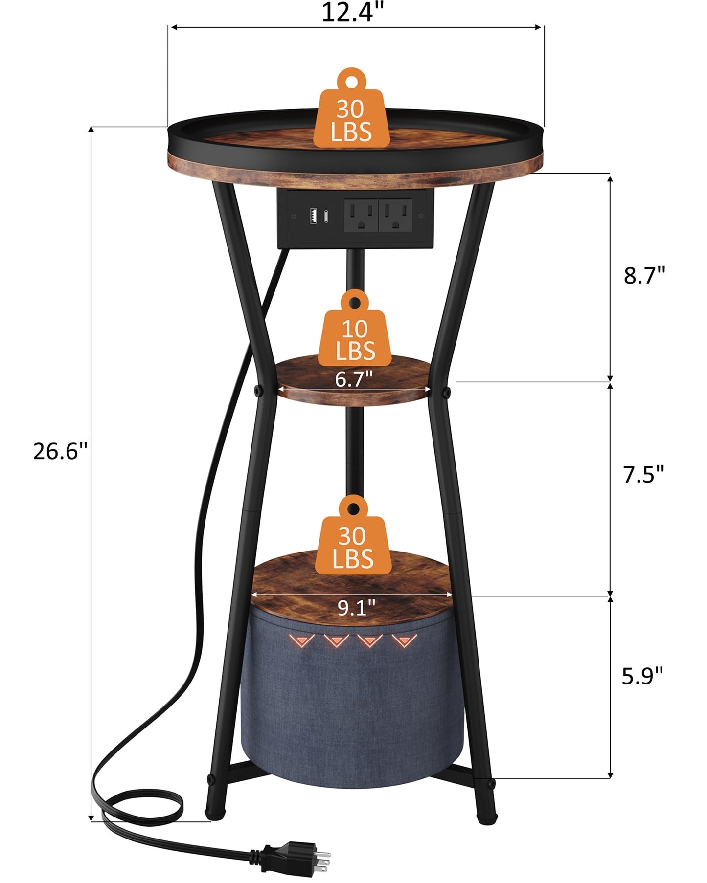 Yusong Round Side Table with Charging Station, Small Drink Table for Small Spaces, 3-Tier Industrial End Table, Accent Nightstand Bedside Table for Living Room, Bedroom, Sofa Couch, Rustic Brown
