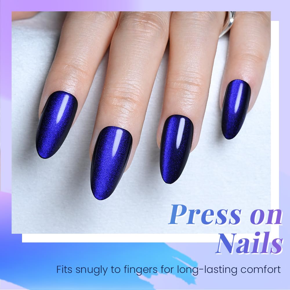 evpct Royal Blue Cat Eye Chrome Press on Nails Almond Medium No Glue, Holographic Medium Almond Stick on Fake Nails for Women, Glossy Cat Eye Effect, Perfectly Fit Salon-quality Soft False Nail