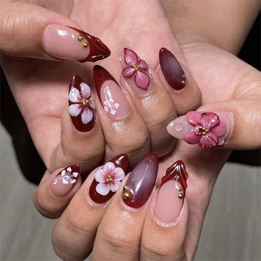 French Press on Nails Medium Almond Fake Nails 3D Flower Nail Press ons with Gold Pearl Gradient Designs Spring Summer False Nails Red Full Cover Glue on Nail for Women Manicure