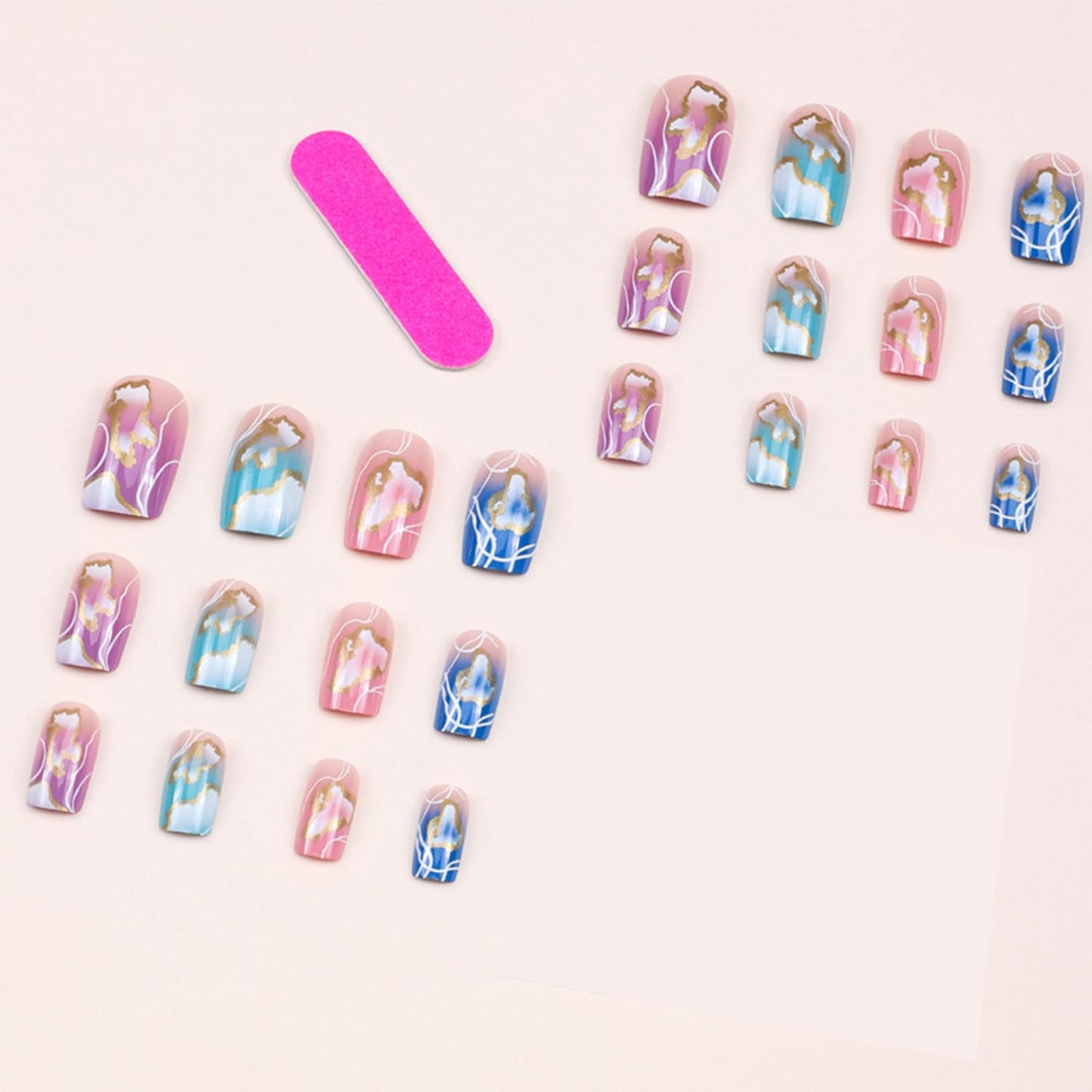 Vezocim Acrylic Square False Nails Sets, 24Pcs Pink Gradient Press on Nails Medium Coffin with Gold White Line Designs, Glossy Full Cover Artificial Fake Nails Glue Fingernails with Charm for Women