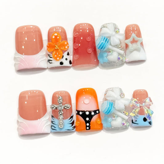 Press On Nails Handmade Short Duckbill Nails, 3D Lollipop Glossy Art Designs Reusable Acrylic Artificial Stick On Nails,False Nails Set (10 Pcs Size S)