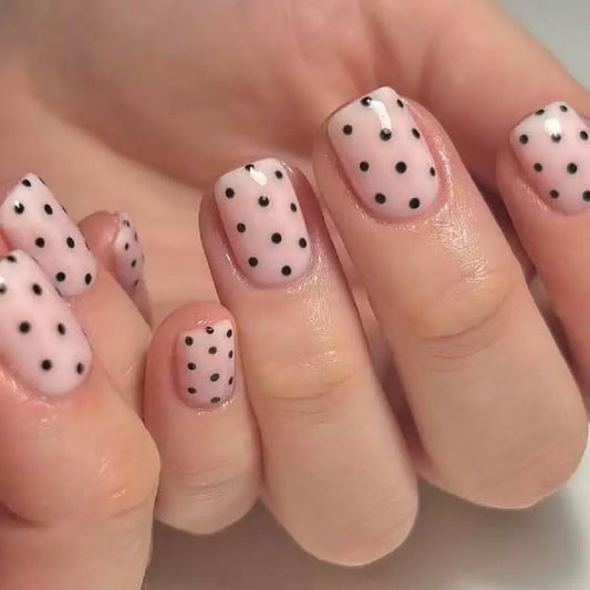 Square Press on Nails Short Pink Fake Nails with Black Spot Design Full Cover Glossy Stick on False Nails for Women 24 Pcs