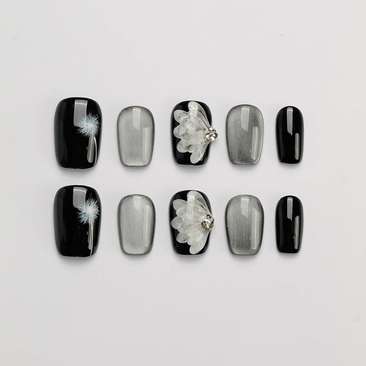 [GLORS] Press On Nails, Black and Silver in Short Square shape, Acrylic Wing Design with Dandelion Pattern, 10 Pieces (XS, SS)