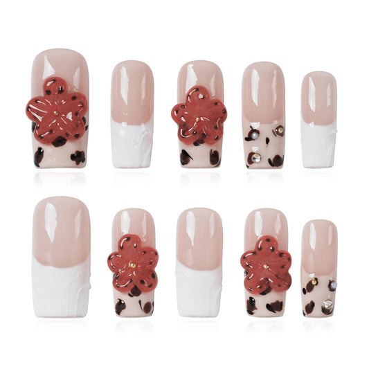 Tesytto Press On Nails Medium Square Red Flower Design, Handmade Acrylic Fake Nails with Leopard Print White French Tip, Reusable Glossy False Nails for Women Girls (Embossed French Leopard Bloom,M)