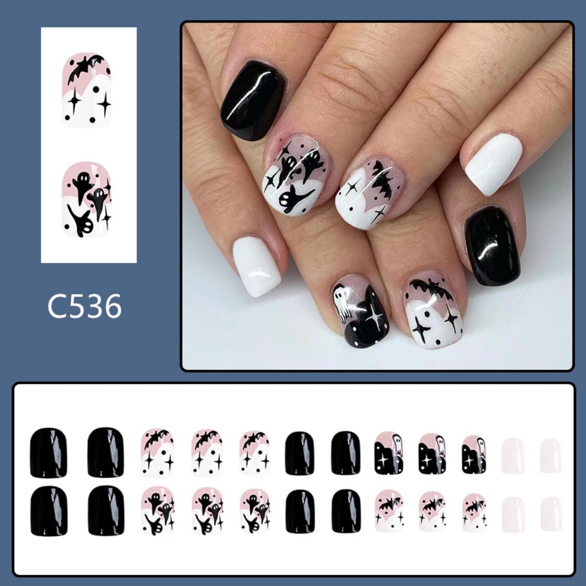 Halloween Press on Nails Short Square Fake Nails Ghost Bat False Nails White Black Design Stick on Nails Artificial Handmade Full Cover Acrylic Glue on Nail for Women Nail Art Decoration 24Pcs