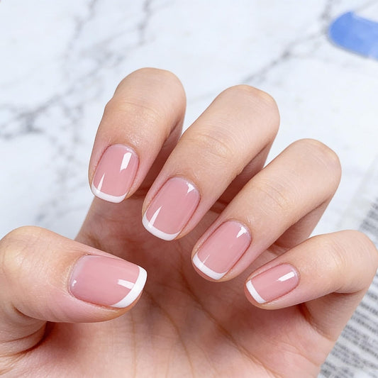 24 Pcs Square Press on Nails White French Tip Fake Nails with Designs Glossy Pink False Nail Stick on Nails Cute Petite Short Full Cover Pure Acrylic Nail for Women Manicure Decorations