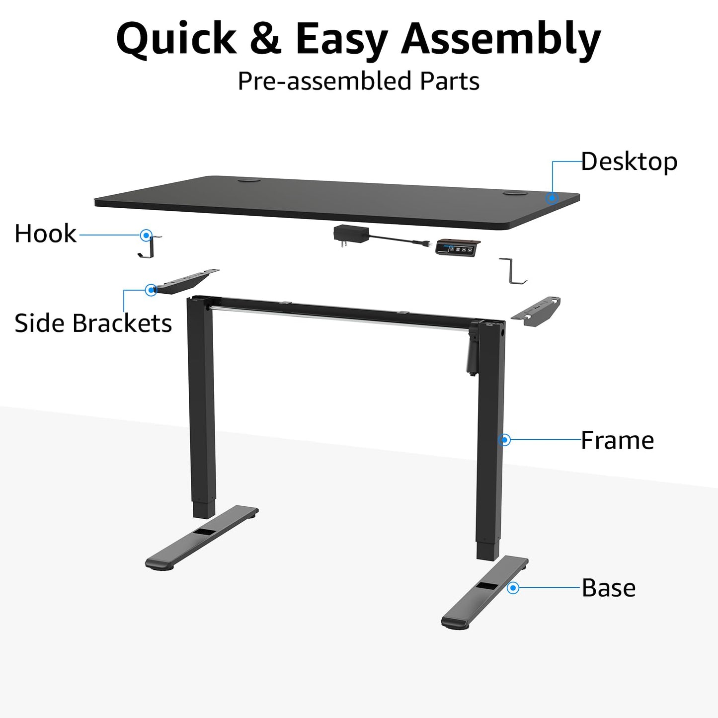 MOUNTUP Height Adjustable Electric Standing Desk Whole-Piece, 48 x 24 Inches Quick Assembly Sit Stand Desk with Memory Controller, Black