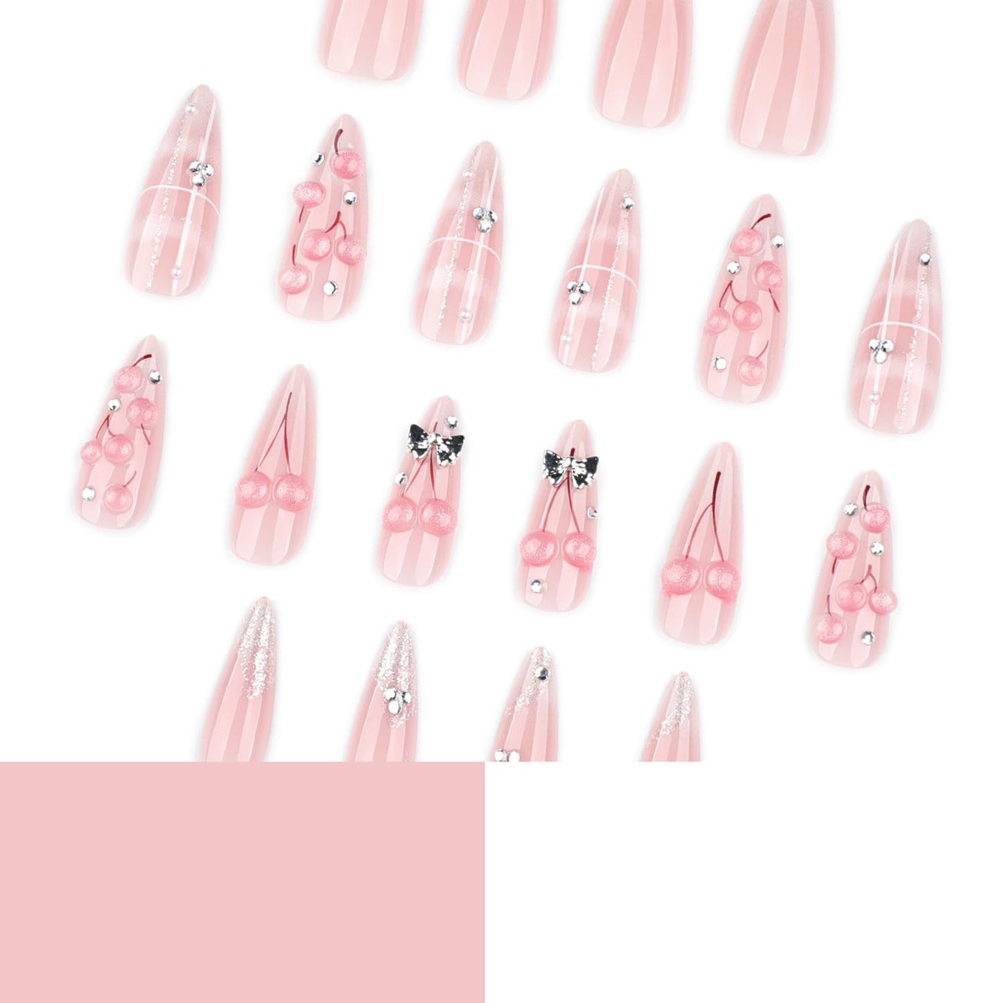 Mivota Press On Nails Almond Long, Pink Cherry 3D Rhinestone Design, Glossy Acrylic Fake Nails, Reusable Stick On Nails Set 24pcs, Cute Luxury Nail Art for Women, Party Wedding Manicure