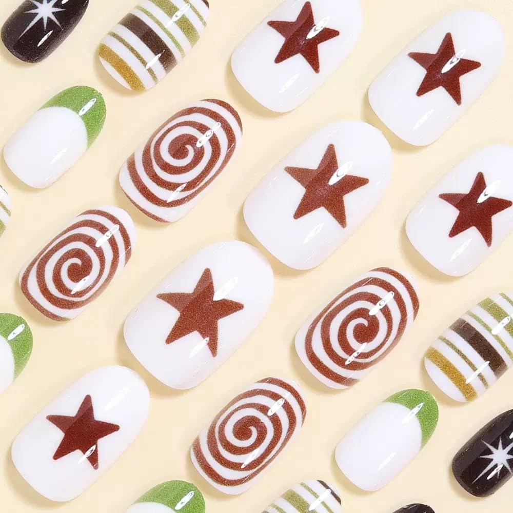 CTTHNBD Short Press on Nails Almond - Star Fake Nails with Whirlpool Stripes Design - Green French Tip False Nails for Women 24 Pcs