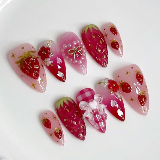 Almond Press on Nails Medium SWEKKE Fake Nails Aesthetics False Nails with Strawberry Bow Flower Designs Full Cover Glossy Glue on Nail Acrylic Nails for Women Girls 24Pcs