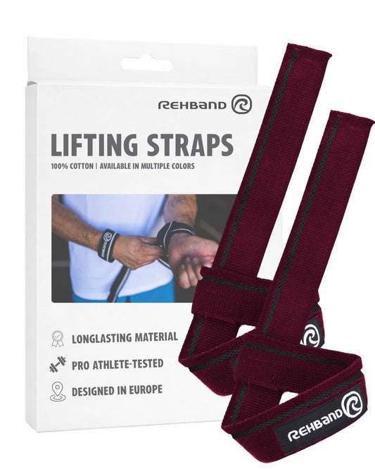 Rehband Lifting Straps for Strength Training, 1 Pair Fitness Pull Straps, 100% Cotton, 56cm Grip Support for Bodybuilding, More Grip Strength Weightlifting, Colour:Burgundy, Size:One Size