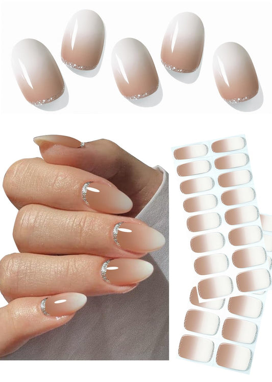 Semi Cured Gel Nail Strips, No LED Lamp Needed, Brown Ombre Glitter Gel Nail Stickers, Wraps for Home Manicure DIY