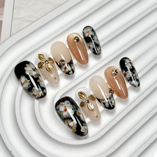 Medium Press on Almond Nails - Handmade Fake Nails with Flower Design - Black, Gold, Glossy False Nails for Women (Size S)
