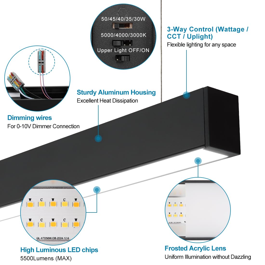 4FT Linkable LED Linear Light, 50/45/40/35/30W Adjustable, 3000K/4000K/5000K Selectable Linear Lighting Fixture, 0-10V Dimmable Architectural Hanging Office Shop Light for Gym Retails, ETL 6Pack