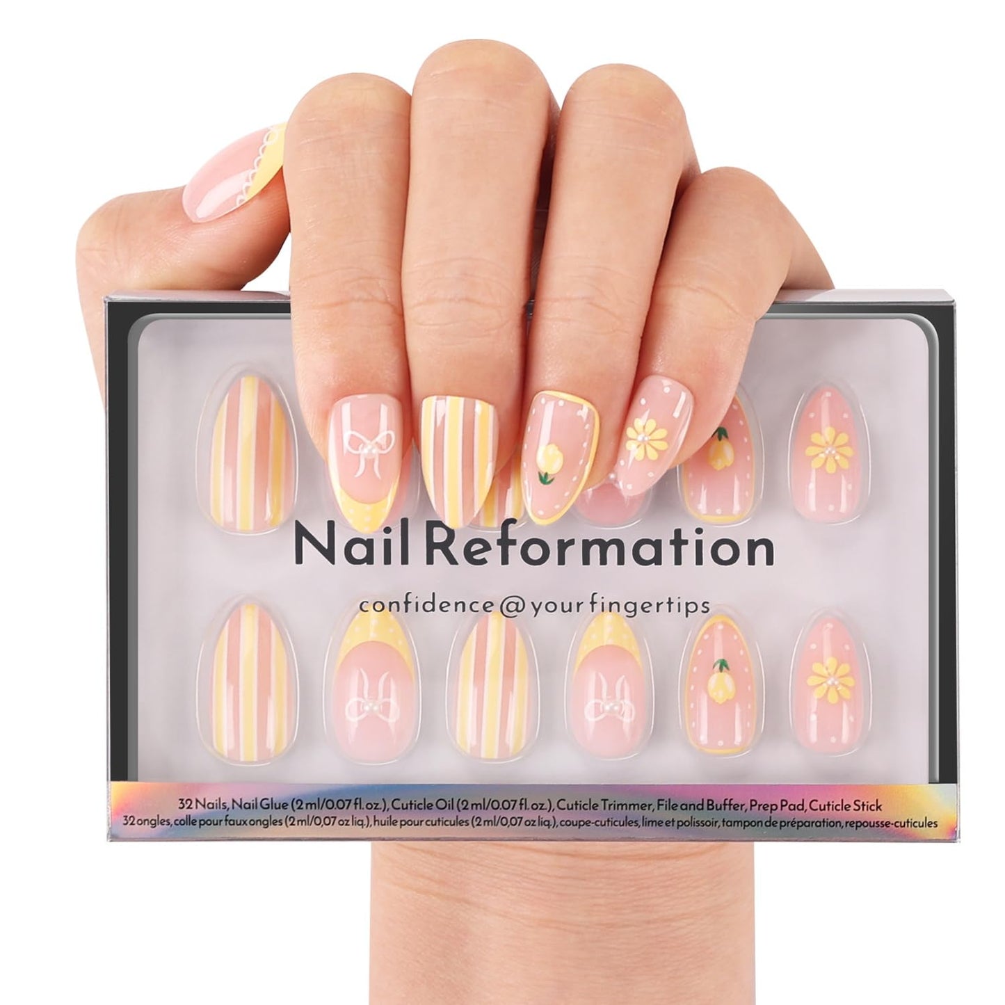Nail Reformation Press On Nails, Lemon Tart | Soft Pink Short Almond Fake Nails with Wavy Yellow French Tips, White Bows & 3D Jewels, Reusable Stick On Nails Kit - 32 Pcs in 16 Sizes, Gifts for Women
