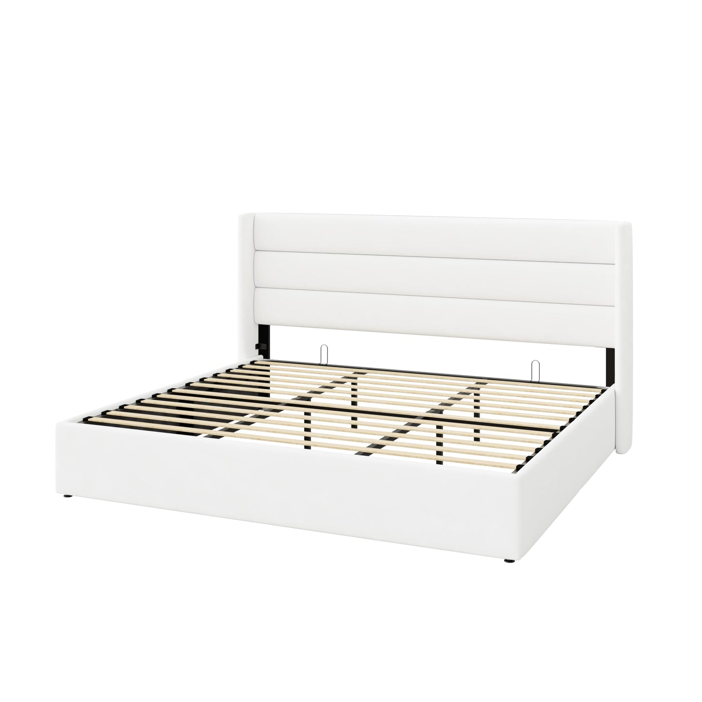 SHA CERLIN King Size Lift Up Storage Bed/Velvet Upholstered/Modern Wingback Headboard/Upholstered Platform Bed Frame/Hydraulic Storage/No Box Spring Needed/White