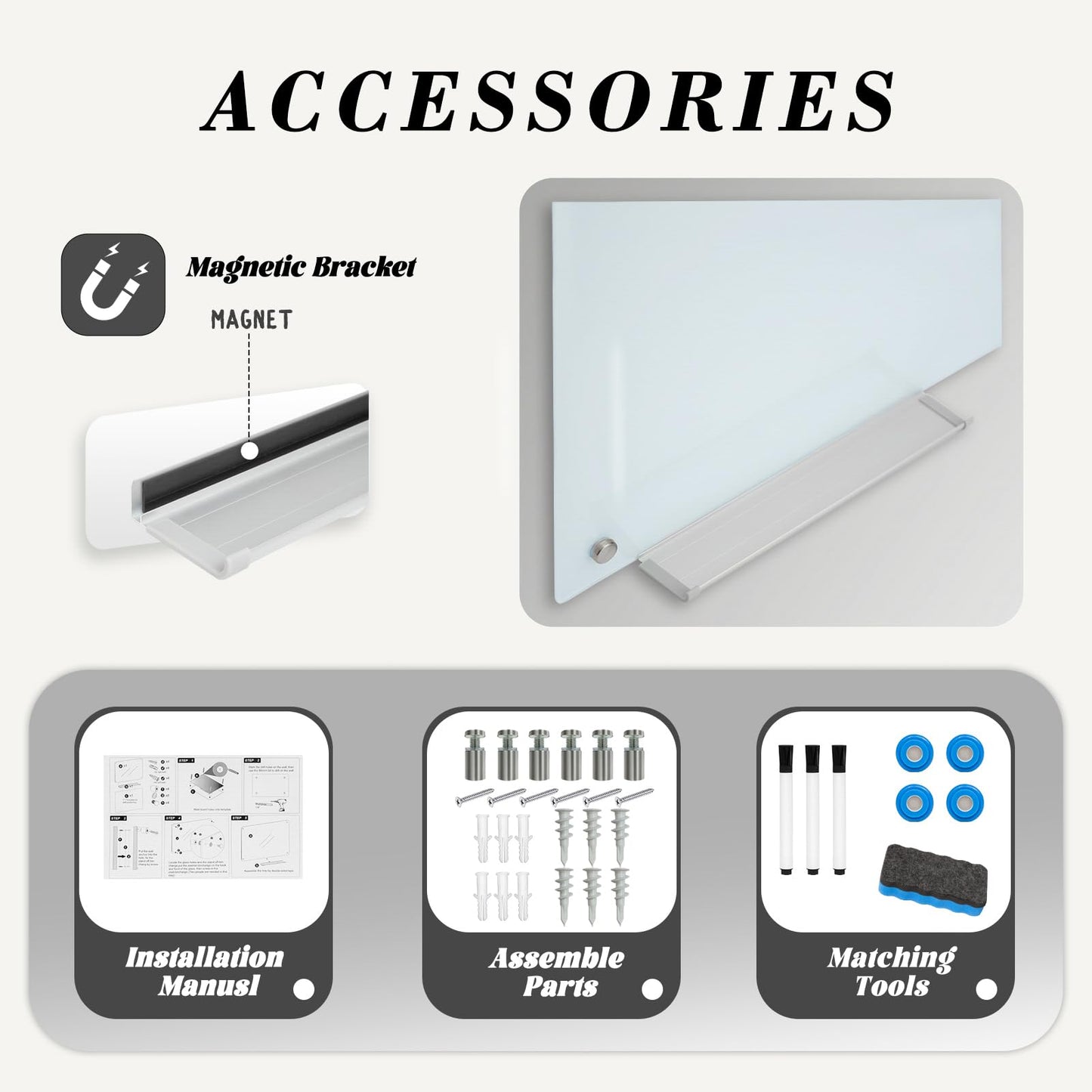 JYYPWB Magnetic Large Glass Board 72"x 48" Dry Erase Writing Board Premium Tempered Glassboard Frameless Message Board with Full Accessories Wall Mounted White Board