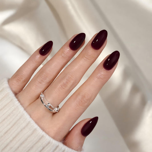LAHUYA Press On Nails – Cocoa Bordeaux | Nail Artist Designed Short Almond Fake Nails with Dark Cocoa Red Glossy Finish, 15 Sizes – 30 Nails Kit with Glue