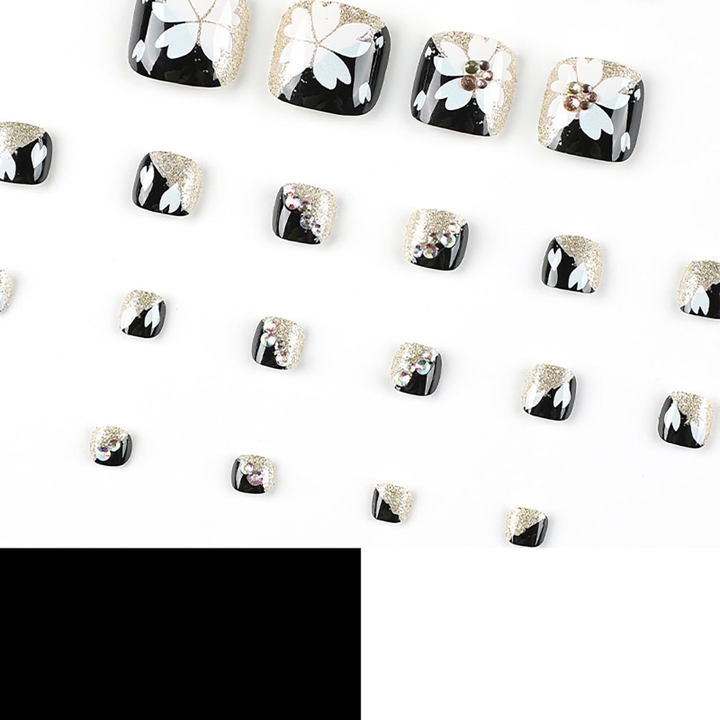 Black Artificial Acrylic Fake Nails for Toe, Press on Toenails Coffin with White Flower Designs, Full Cover Reusable False Toenails with Glue, Glue on Toe nails with Charm for Women Girls（JP2336）