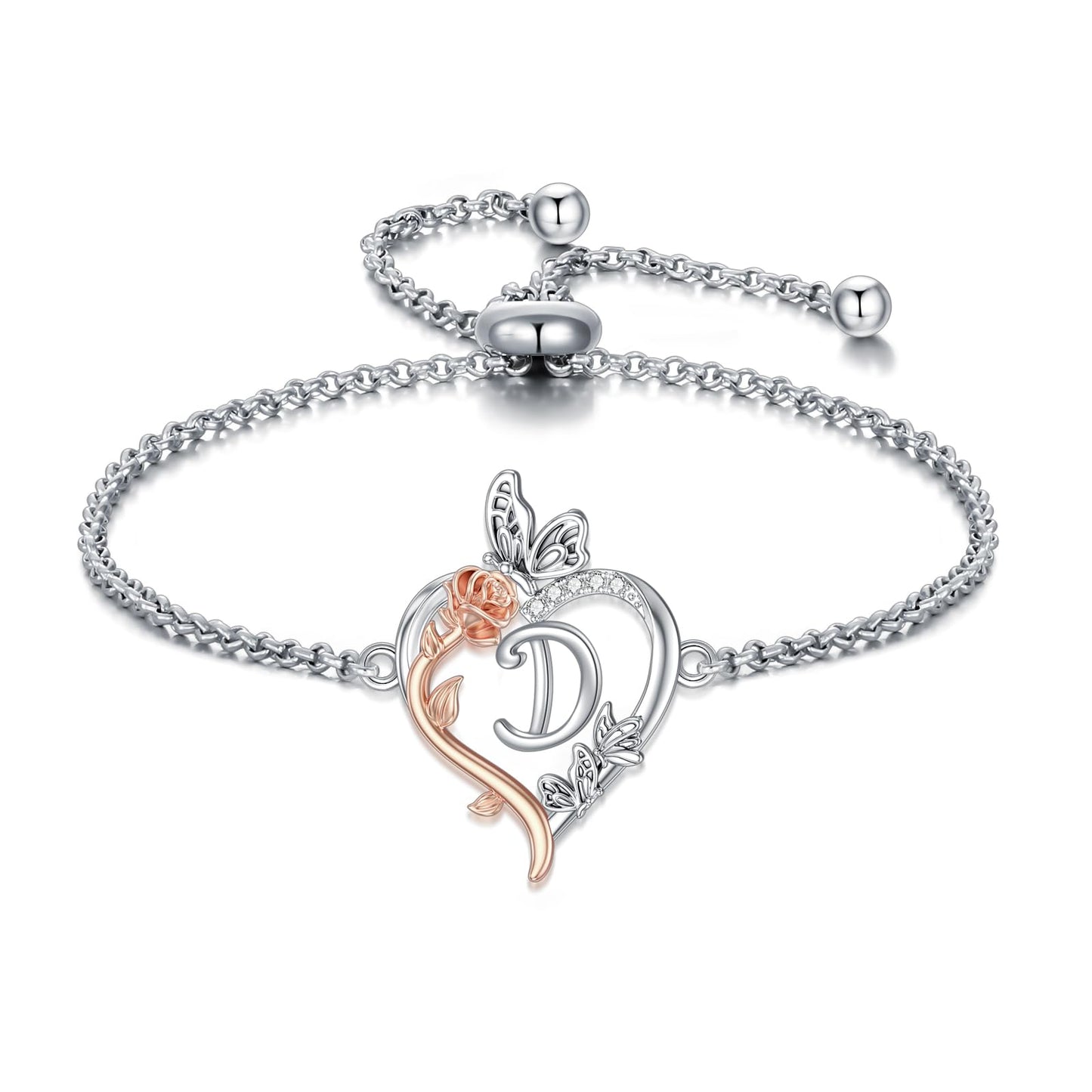 TOUPOP Rose Heart Bracelet for Women Sterling Silver Heart Initial D Letter Bracelet Butterfly Love Jewelry Anniversary Birthday Mothers Day Gifts for Mom Wife Her Girlfriend