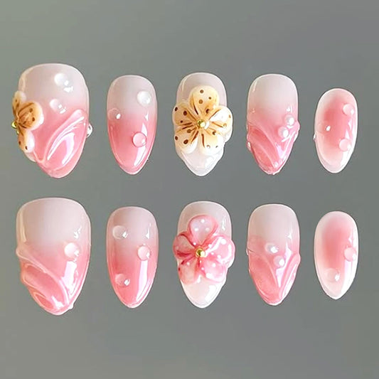 30Pcs Pink Press on Nails Almond Medium Fake Nails 3D Flower Ripple Charm Style, French Pink Nail Art, Floral False Nails Kit Glossy Full Cover Cute Stick on Nails for Sweet Women DIY Manicure