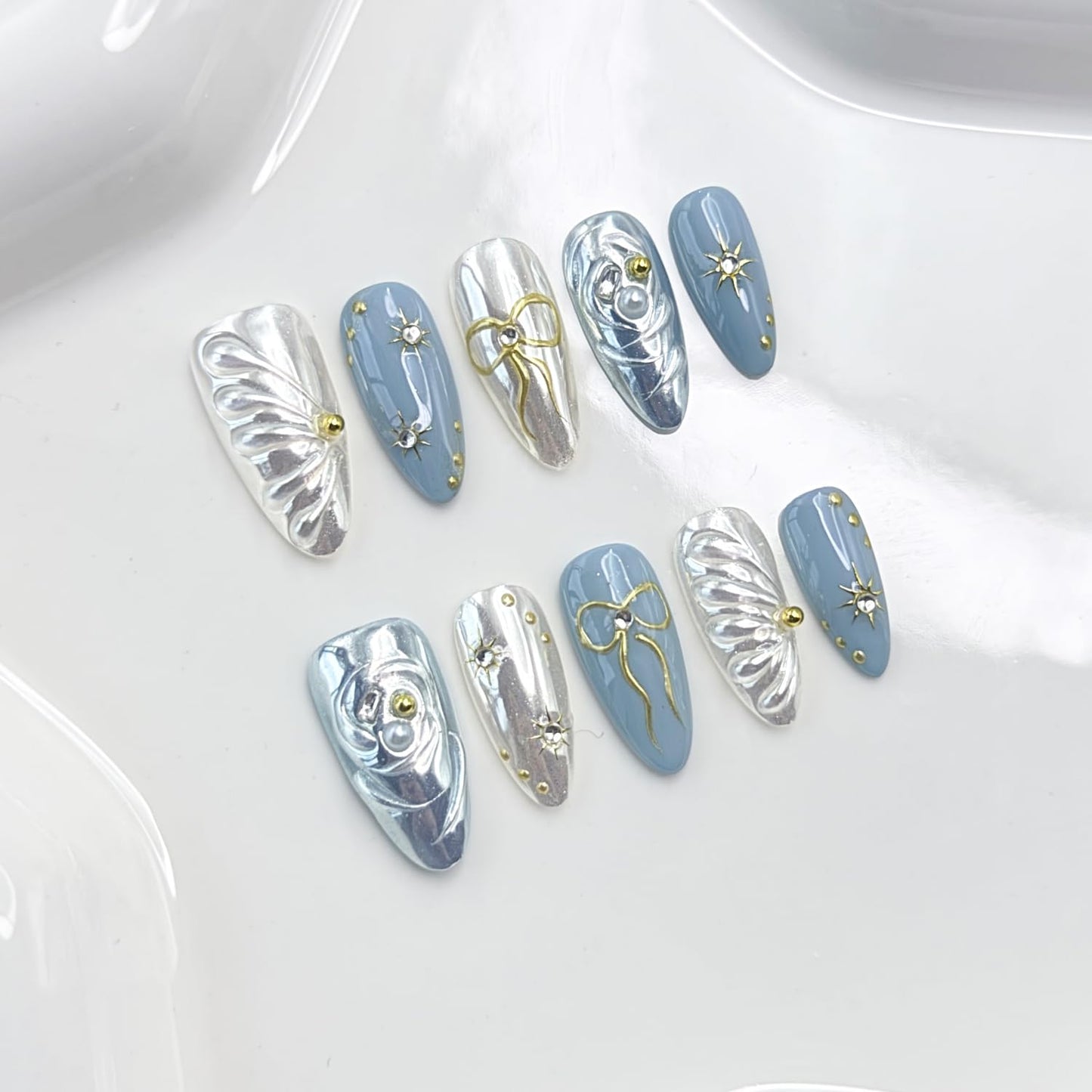 Handmade Press on Nails Medium Almond Fake Nails withGlue,Luxury Rhinestone & 5D Bow Blue Press ons Muti-LayerGel Handmade False Nails for Women (Size M)