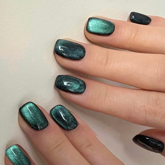 BABALAL Square Press on Nails Short Fake Nails Dark Green Chrome Glue on Nails Cat Eye Acrylic Nails 24Pcs Shiny Squoval Stick on Nails for Women and Girls