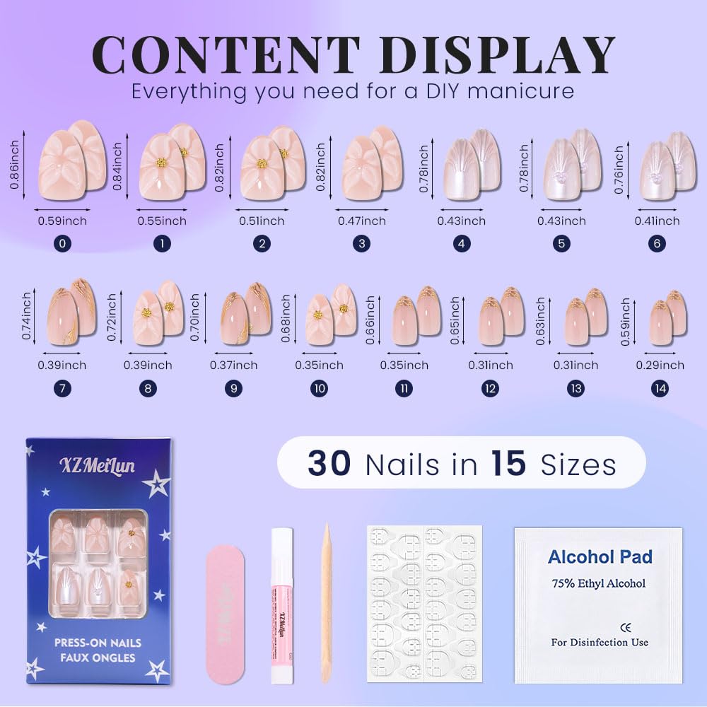 XZMeiLun 3D Pink Flowers Press on Nails Short Almond, Acrylic Fake Nails with 3D Gold Line White Pearls Floral Design, Reusable Glue-On Stick for Flower Fashion Nails for Women