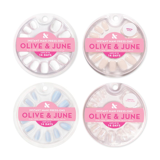 Olive & June Glue Press On Bestsellers Kit | Includes 4 Fake Nail Sets (HD Crisp White, Classic French, Shimmery Super Star, BP Icy Blue) | Realistic Look, Non-Damaging Glue, Up to 14-Day Wear