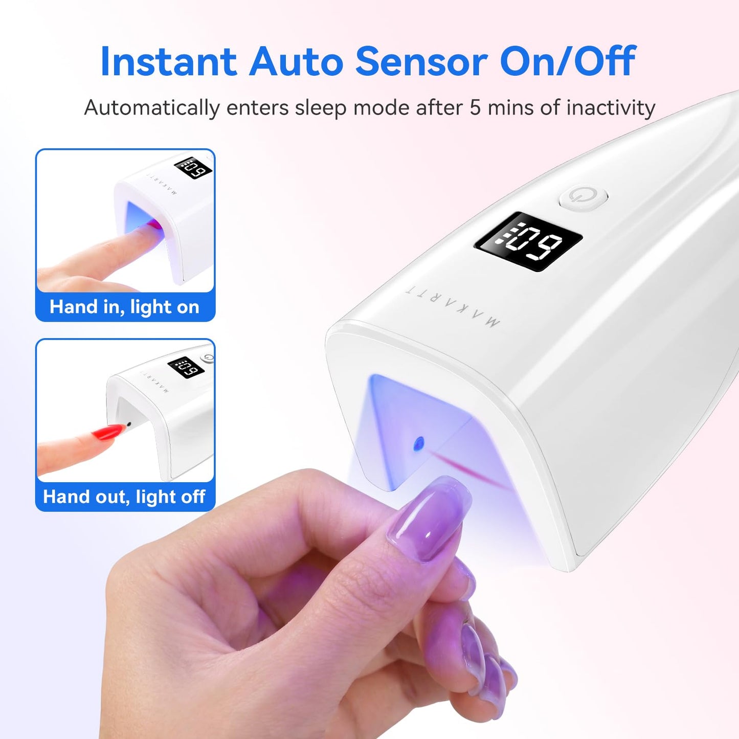 Makartt Flash Cure Nail Lamp, 222 mW/cm² Portable Cordless UV LED Nail Lamp for Rhinestone Glue, Poly Nail Gel & Nail Charms, Rechargeable Mini Nail Dryer with LCD Display, 2 Timers & Smart Sensor
