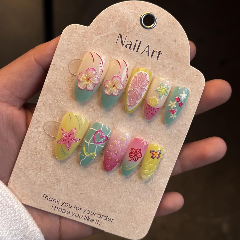 24Pcs Summer Press on Nails Medium Almond Fake Nails with 3D Starfish Flowers Designs Summer Beach False Nails Pearl Glue on Nails Handmade Full Cover Acrylic Nails Stick on Nails for Women DIY