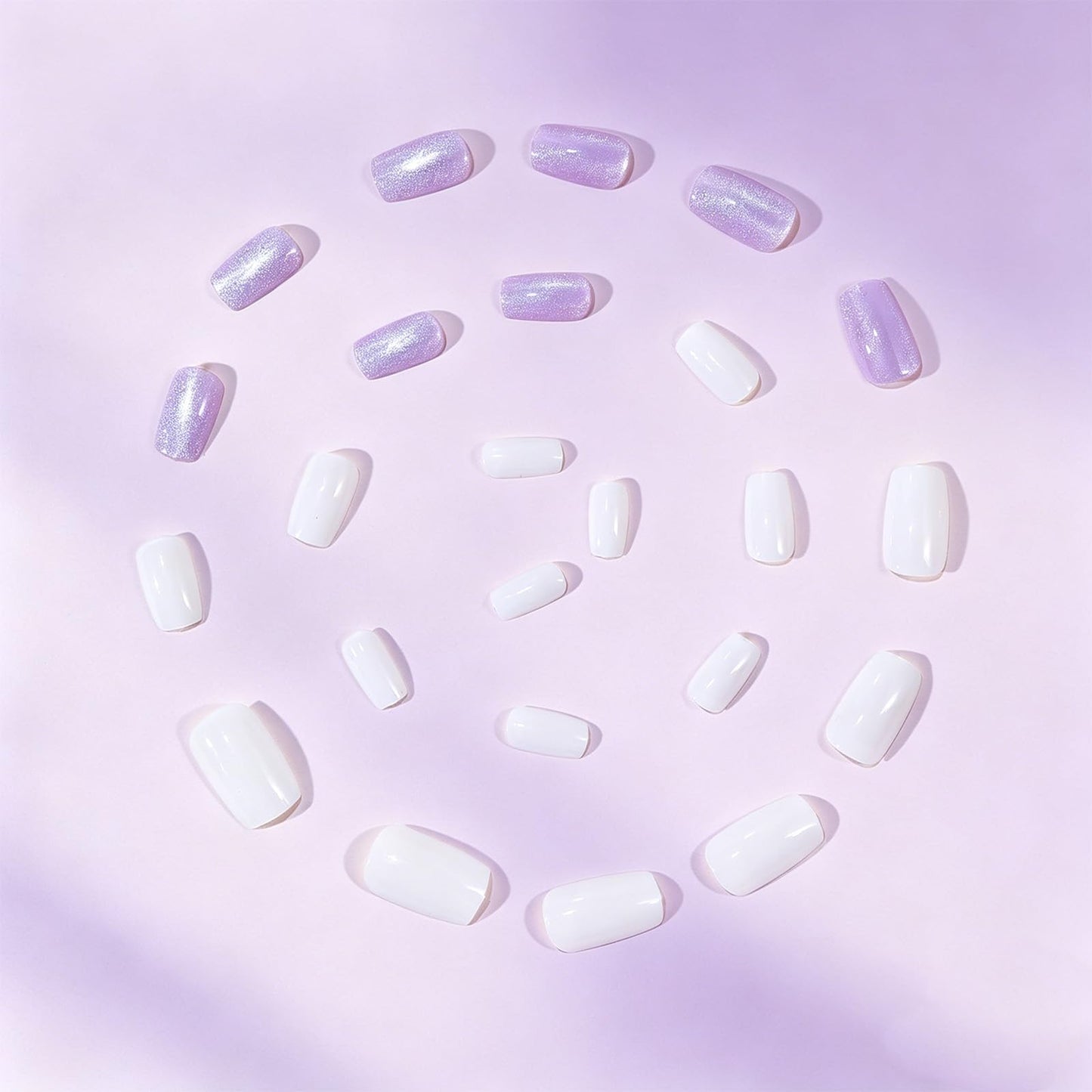 Purple Glitter Press on Nails, Medium Square Fake Nails with Iridescent Shimmer Design, Glossy White False Nail Reusable Glue on Artificial Nails for Women Daily Wear
