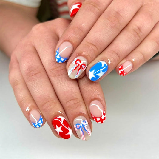 LWTZLW Red Blue Stars Press on Nails French Tip Short Almond False Nails with Bow Grids Design Full Cover Glue on Nail Summer Reusable Acrylic Fake Nails Glossy Artificial Stick on Nail for Women