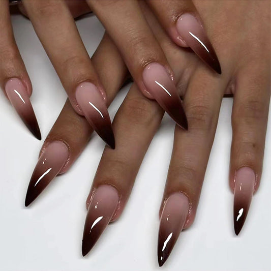 IMRAIN Stiletto Press on Nails Long Length Fake Nails Glossy Brown Gradient Gel Glue on Nails Full Cover Nude Fall Artificial False Nails for Women Girls 24Pcs