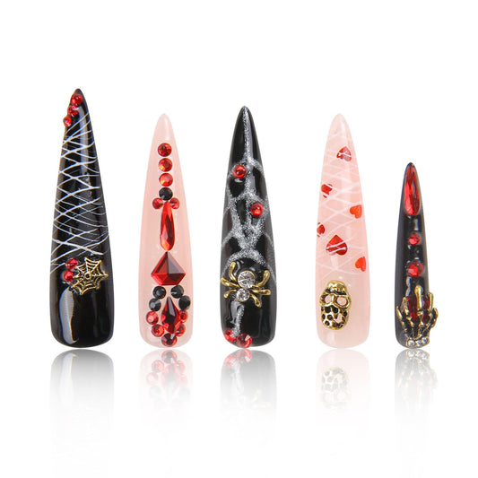 LOVFUL Press on Nails Halloween Bleeding Love | Handmade with Full Covered Crystals | Reusable Fake Nails | Stiletto Long 2.2 in | H42-L