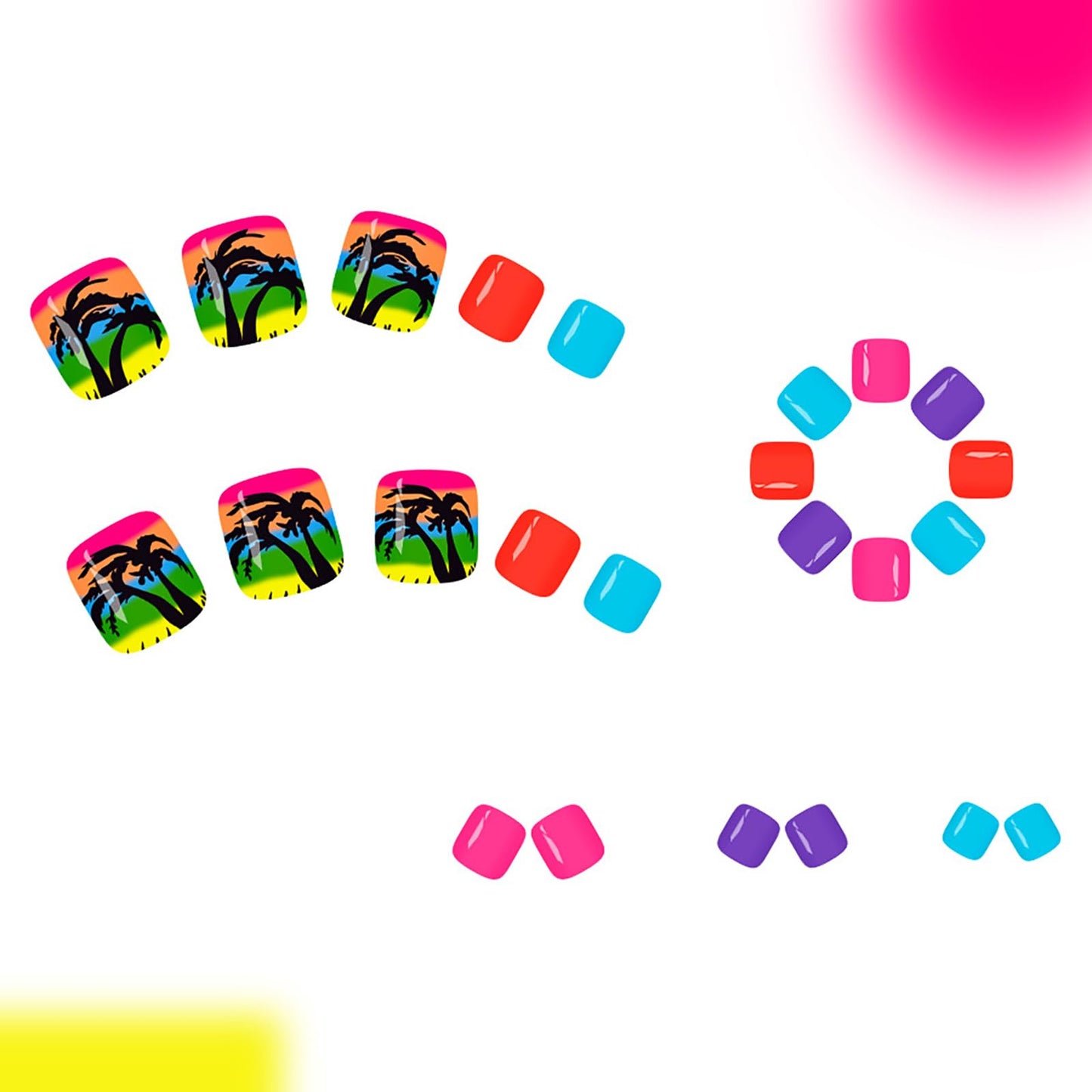 24Pcs Summer Beach Press on Toenails,Short Square Fake Toenails Colorful Acrylic Toenails with Coconut Trees Designs Full Cover Reusable Glossy Stick on Toes Nails for Women Girls