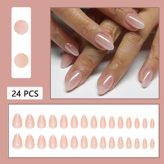Aurora Press on Nails Short Almond Fake Nails Ice-Transparent Acrylic False Nails Glossy Nude Color Full Cover Reusable Artificial Nails for Women Girls Manicure Decorations 24Pcs
