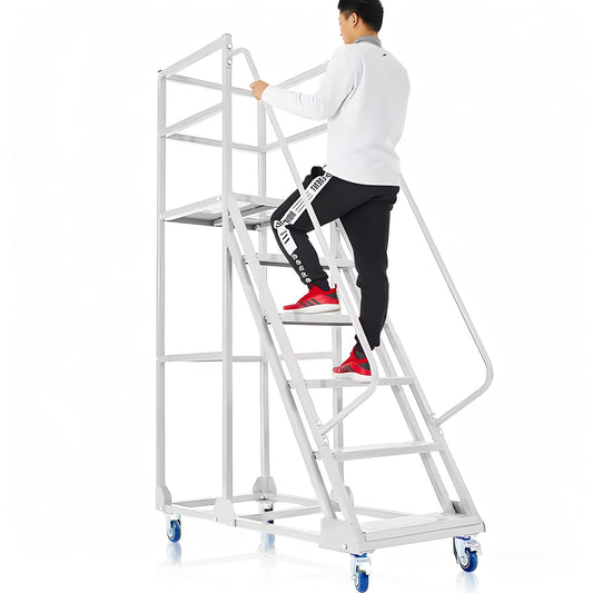 6 Steps Rolling Ladder, Mobile Platform Ladders with Handrails, Industrial & Warehouse Non-Slip Stair Ladder, Heavy Duty Step Ladders for Home Library Outdoor, 1100lbs Capacity