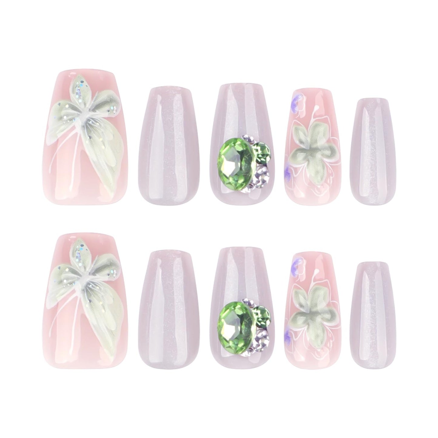 24Pcs Flower Butterfly Press on Nails Medium Fake Nails 3D Charm Gems Full Cover Acrylic False Nail Sparkling Glue on Artificial Nails Glossy Stick on Nail Nude Pink Press on Finger Nail Set for Women