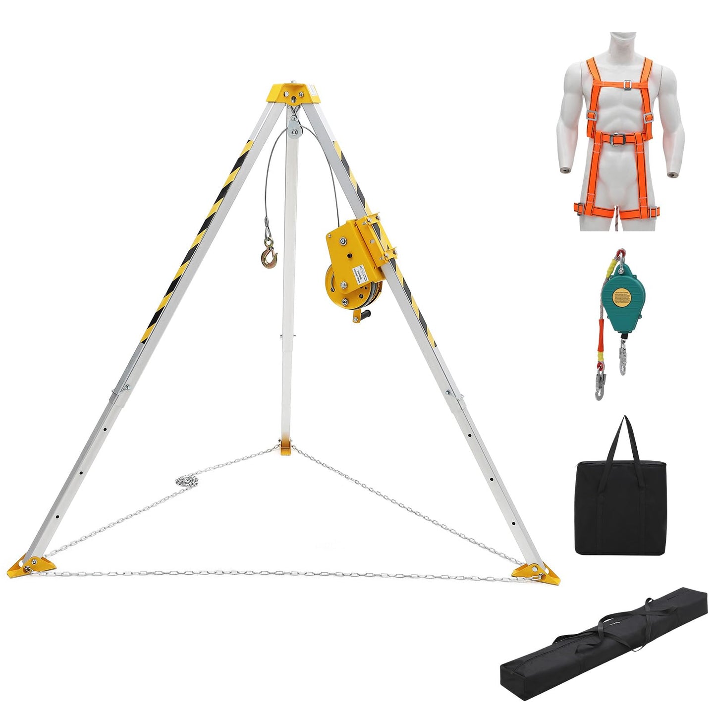 Confined Space Aid Tripod Kit – 1200 Lb Winch, 8' Adjustable Steel Legs, 98' Anti-Rotation Cable, 33' Fall Protection, Fall Arrester, Storage Bag – Industrial Equipment for Manhole & Tunnel Ope