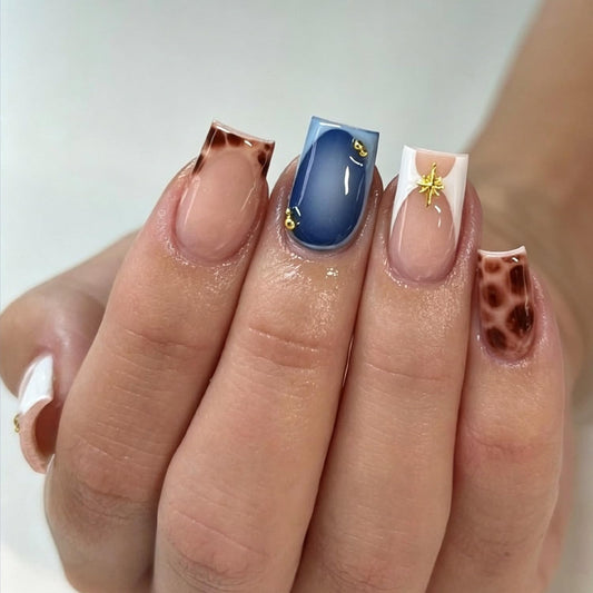 Leopard Press on Nails Short Square Shaped Fake Nails with Glossy Design Leopard Print French Tips False Nails Full Cover Reusable Stick on Nail for Women Manicure Kit 24 Pcs