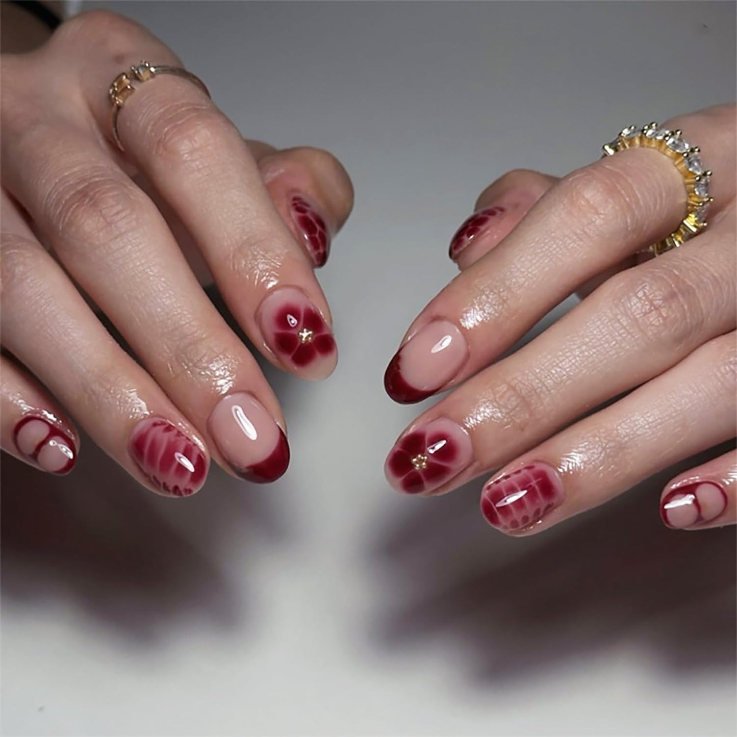 Red French Tip Press On Nails Short Almond Fake Nails with Floral Plaid Pattern Glossy Acrylic Glue On Nails Reusable Nude Burgundy Nail Art for Women