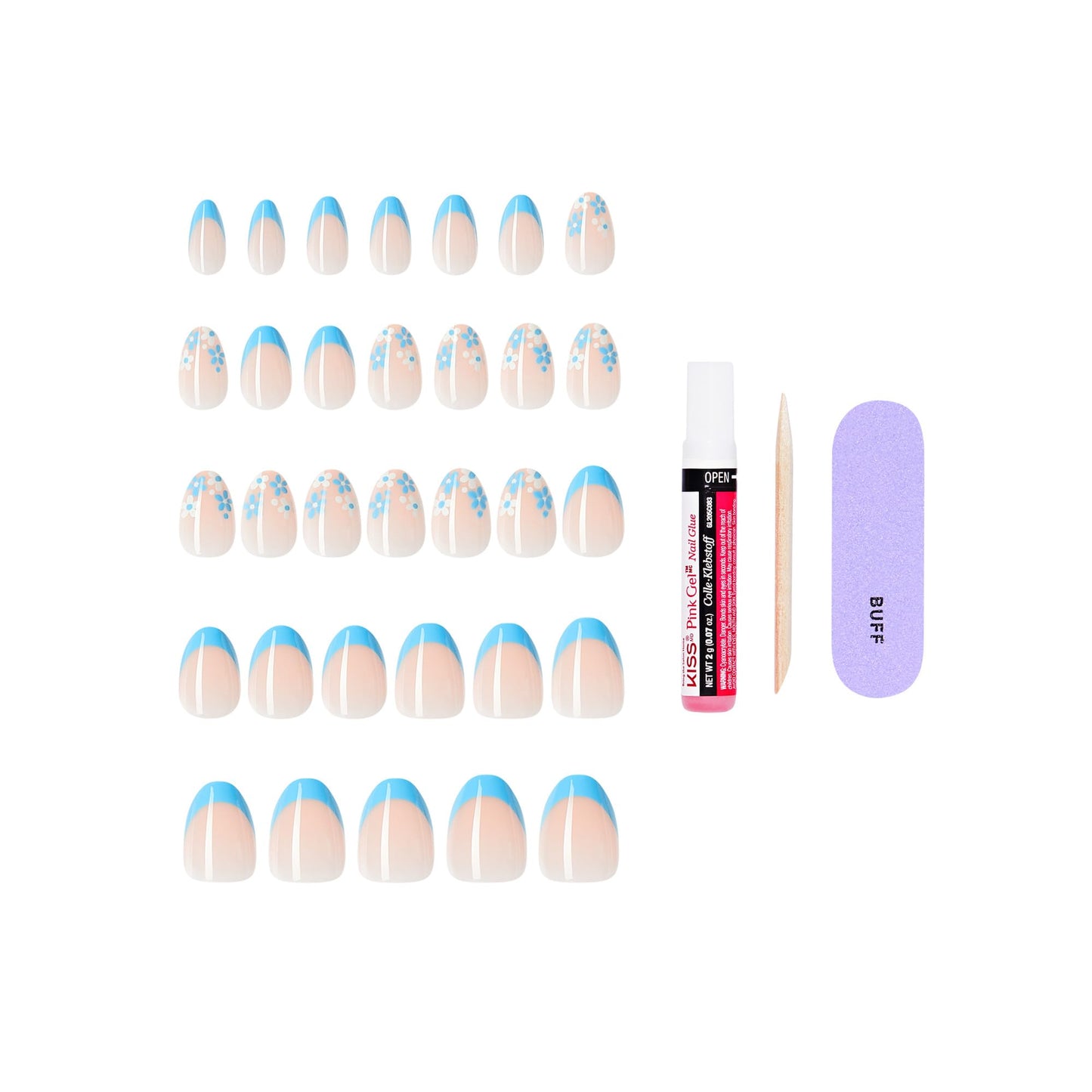 Kiss Core, Press On Nails, Nail glue included, 'Tune', Blue, Short Size, Almond Shape, Includes 32 Nails, 2g Glue, 1 Manicure Stick, 1 Mini File