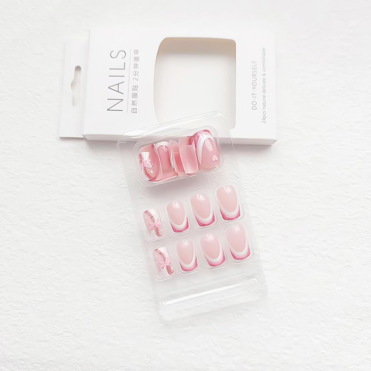 24Pcs Medium Press on Nails Square Fake Nails wiht Glitter Pink Butterfly and Heart/Love Designs False Nails French Tip Acrylic Nails Glossy Full Cover Stick on Nail for Women Nail Decorations