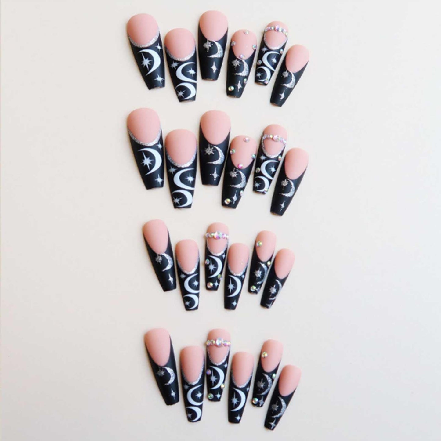 Gifiky Coffin Fake Nails Long French Press on Nails Moon Pattern Nails Tips Acrylic Full Cover Bling False Nails for Women and Girls 24Pcs