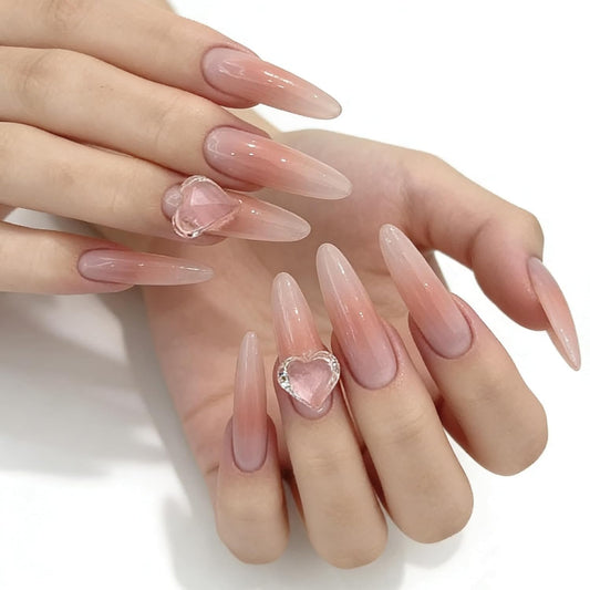 C.Z.Z.T.T.NAILS Press On Nails with 3d Heart Diamonds - Nude Pink Fake Nails,Long Almond-Shaped False Nails,Perfect Fake Nails for Women, 30pcs with Jelly Glue