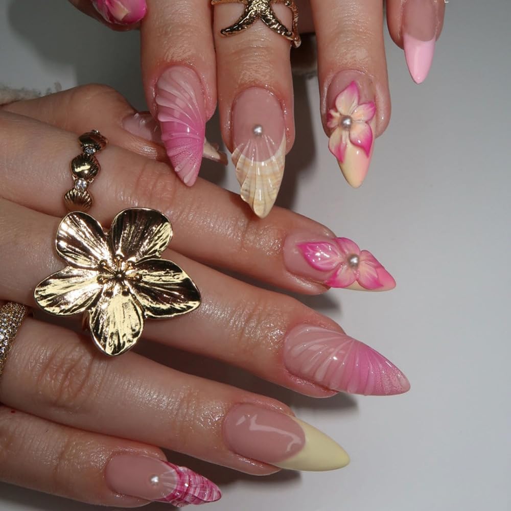 24pcs Pink Press on Nails Medium Almond Fake Nails with 3D Flower Pearl Designs Stick Nails Cute French Gradient Flowers False Nails Spring Summer Beach Floral Acrylic Nails for Women Nail Supplies