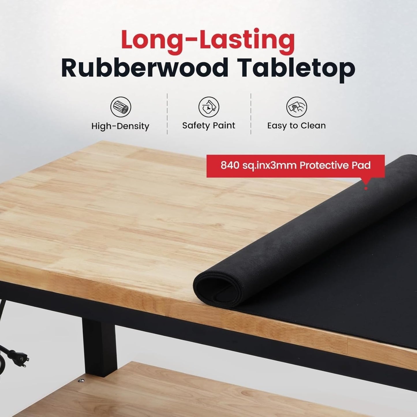ENJOYWOOD 48" x 20" Heavy Duty Workbench Adjustable Height Garage Work Table with Solid Rubberwood Top, Double Layer Shelf, Pegboard & Power Outlets for Workshop, Home & Office