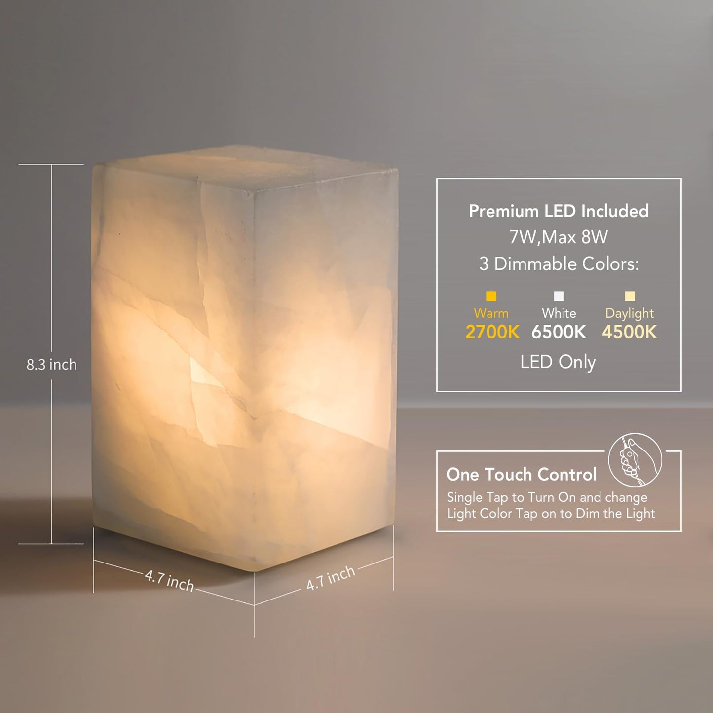 Artsolute Natural Solid Stone Table Lamp with One-of-a-Kind Crystal Texture, Small Accent Lamp with 3 Colors Dimmable LED, Unique Lamp for Bedroom Living Room, Cuboid White